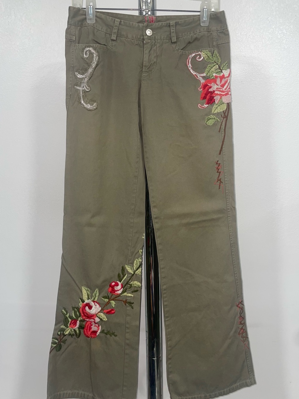 Johnny Was Olive Green Pants with Red & Pink Floral Embroidery